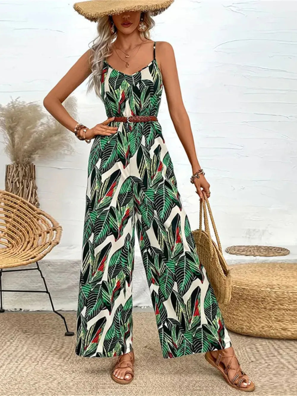 Tropical Print Wide-Leg Jumpsuit