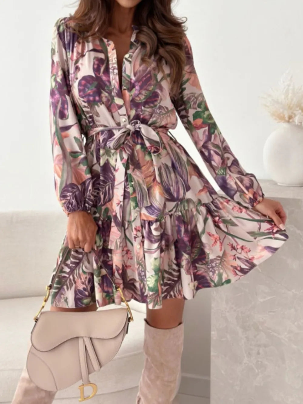 Floral Ruffle-Hem Long-Sleeve Midi Dress
