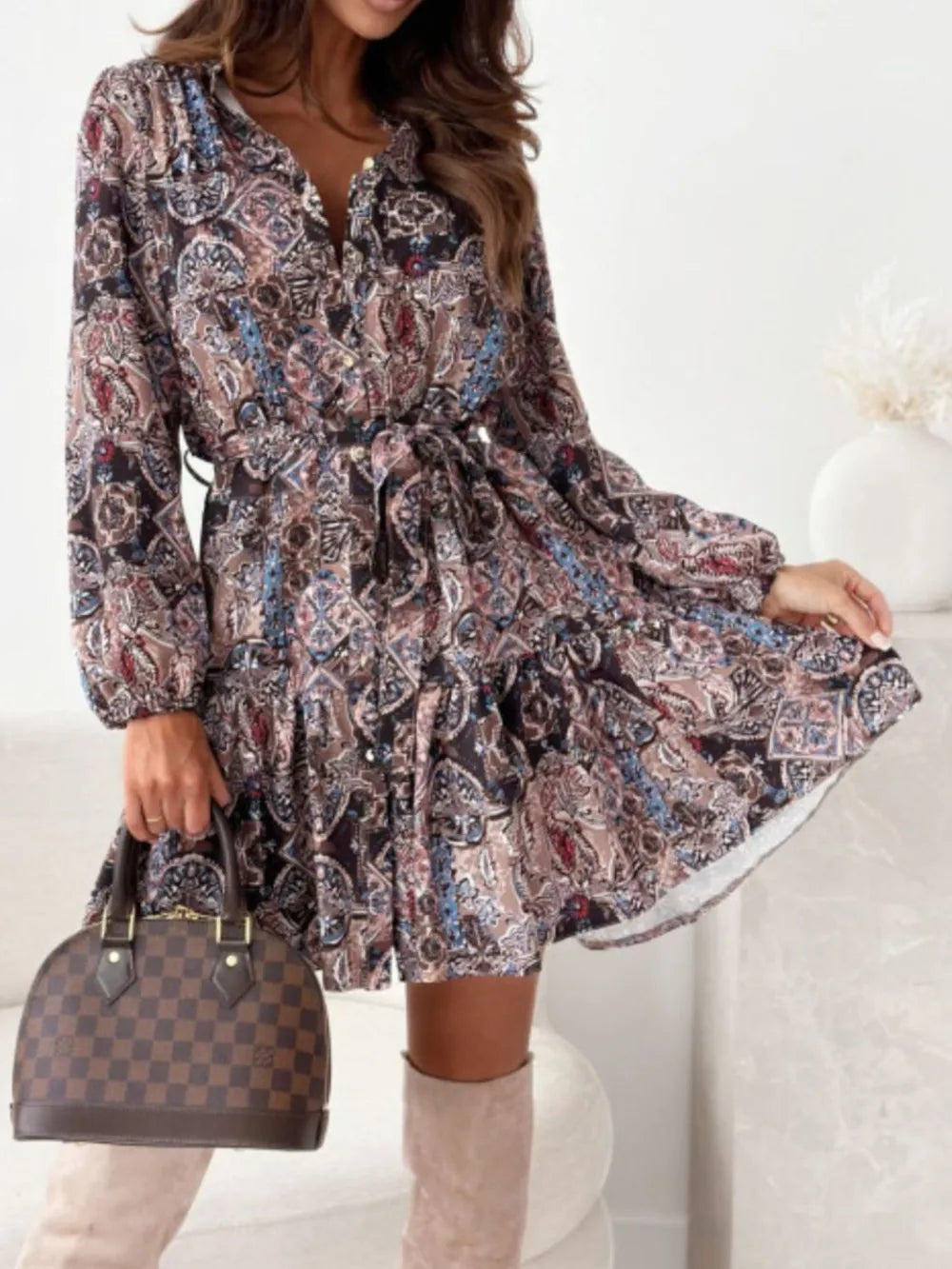 Floral Ruffle-Hem Long-Sleeve Midi Dress