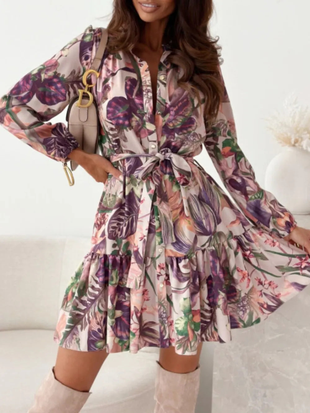 Floral Ruffle-Hem Long-Sleeve Midi Dress