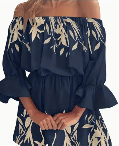 Off-Shoulder Ruffle Maxi Dress in Leaf Print