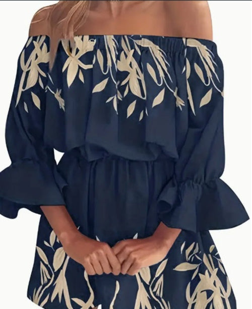 Off-Shoulder Ruffle Maxi Dress in Leaf Print