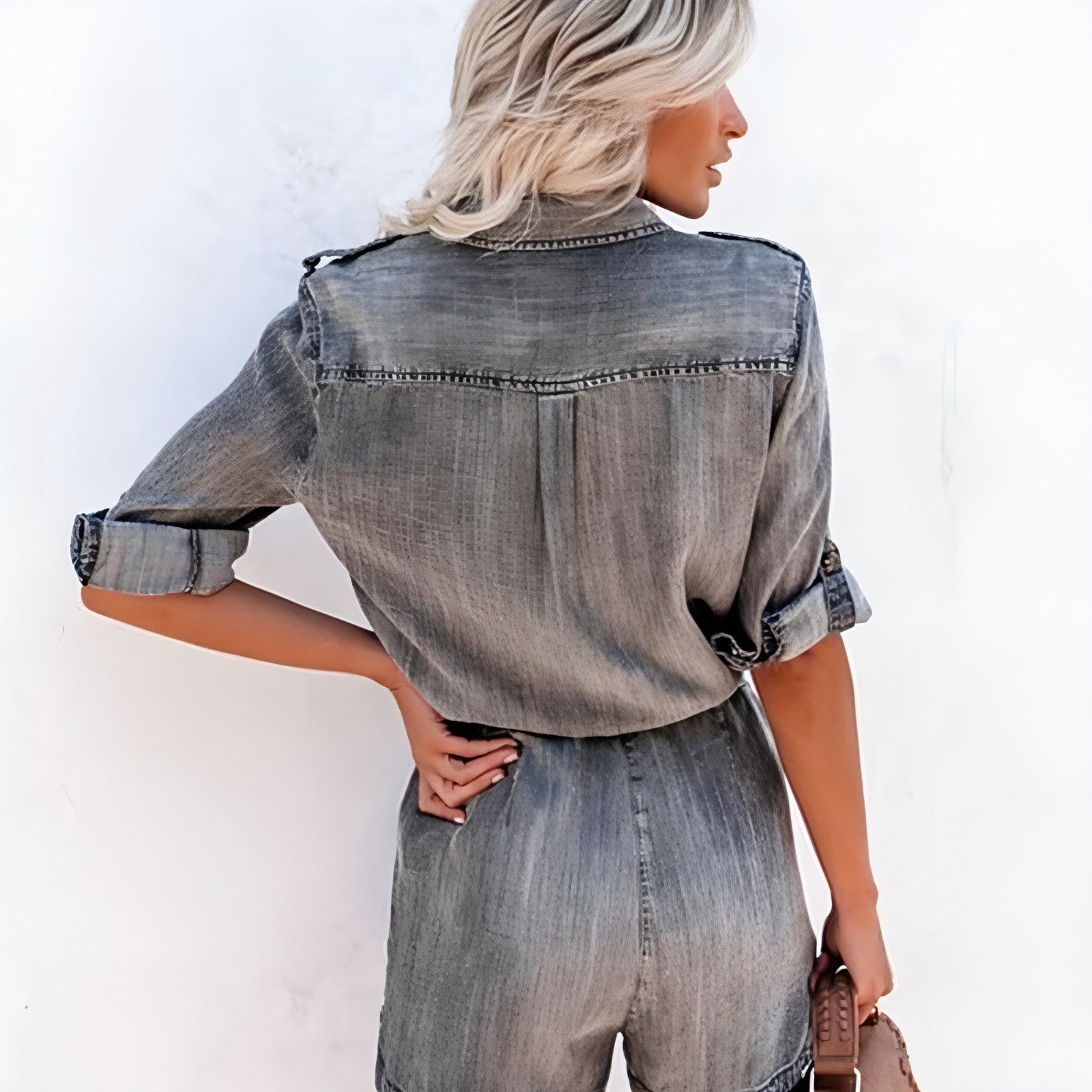 Long-Sleeve Shirt Jumpsuit in Blue