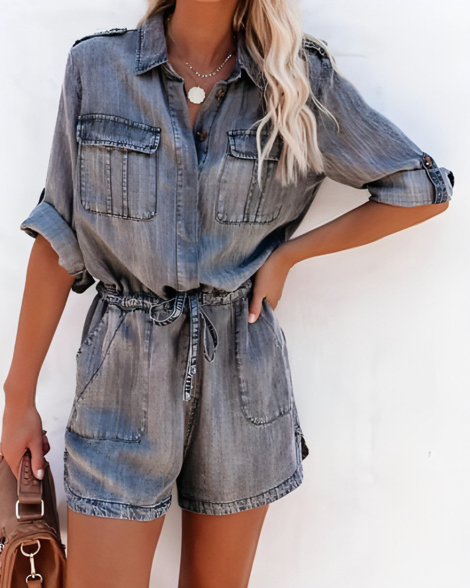 Long-Sleeve Shirt Jumpsuit in Blue
