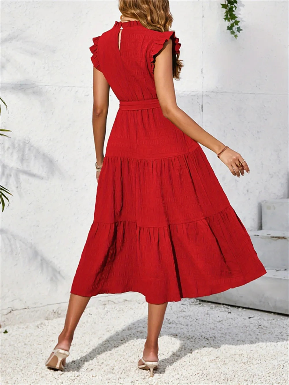 Mock-Neck Cap-Sleeve Midi Dress