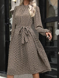 Printed Mock-Neck Flounce-Sleeve Mini Dress in Coffee