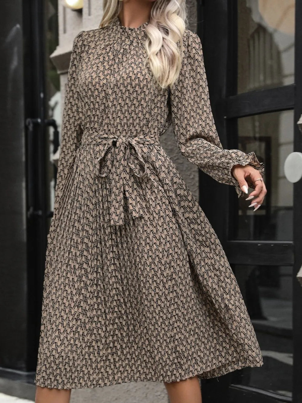Printed Mock-Neck Flounce-Sleeve Mini Dress in Coffee