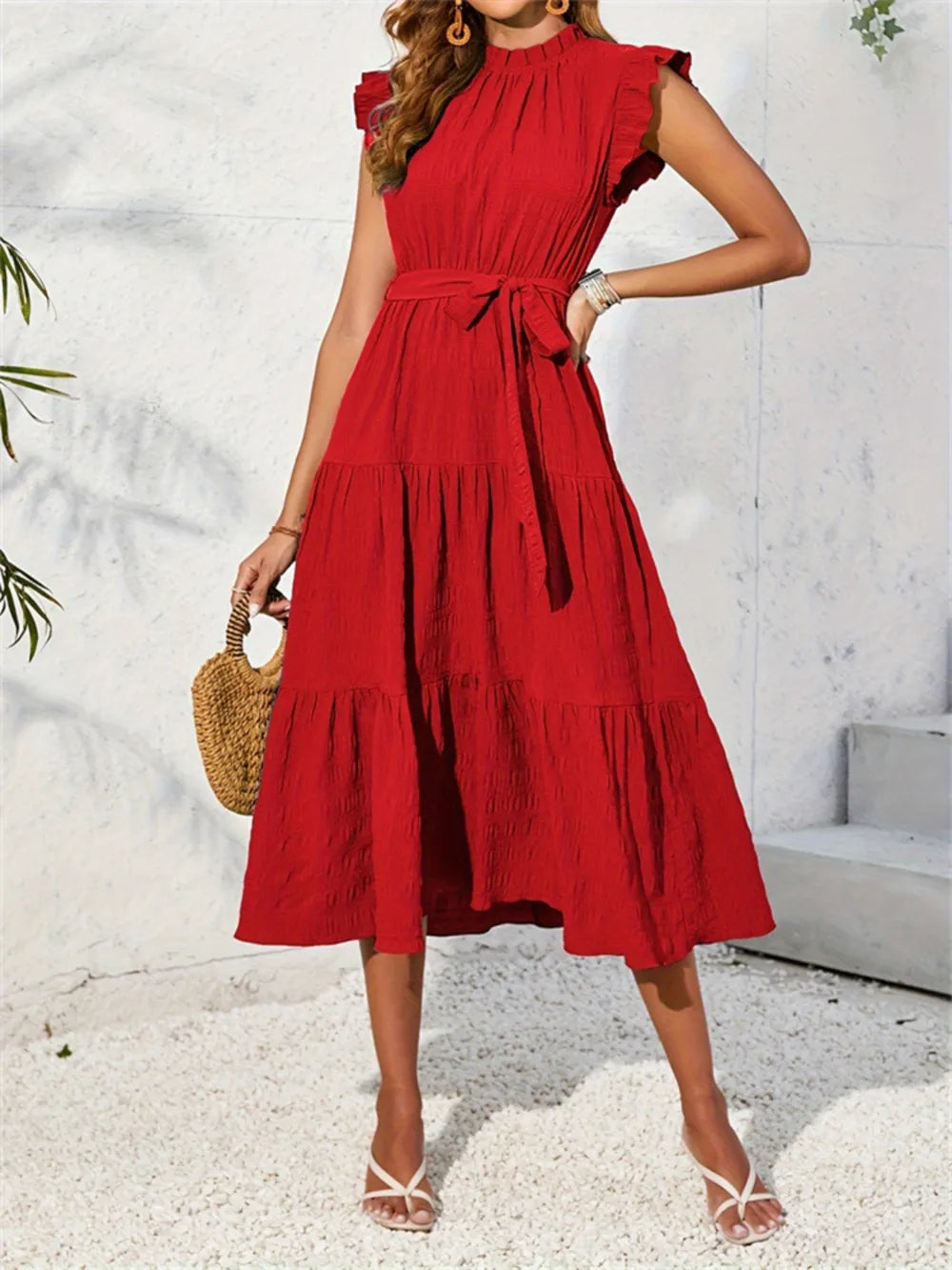Mock-Neck Cap-Sleeve Midi Dress