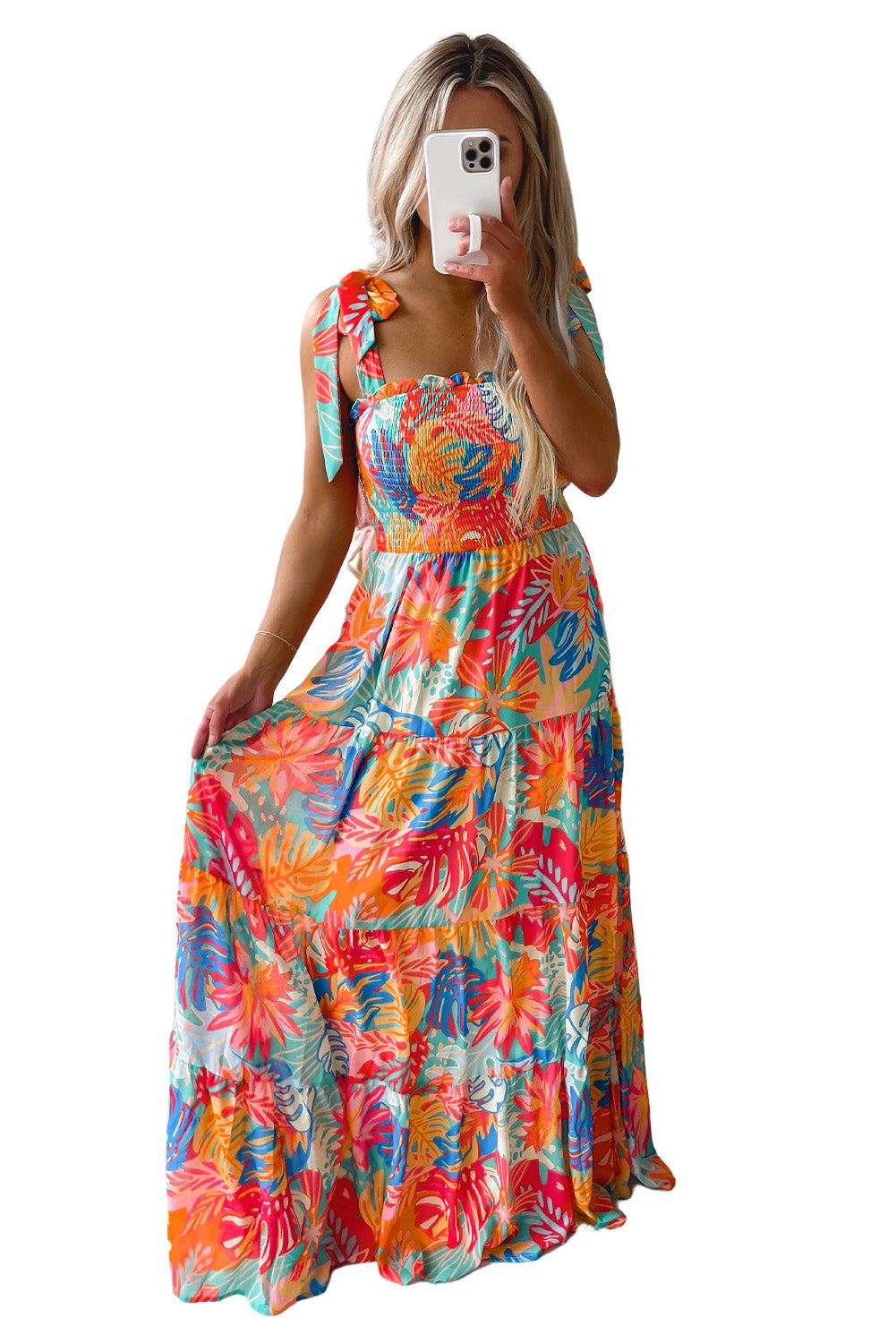 Tropical Print Smocked Tiered Maxi Dress