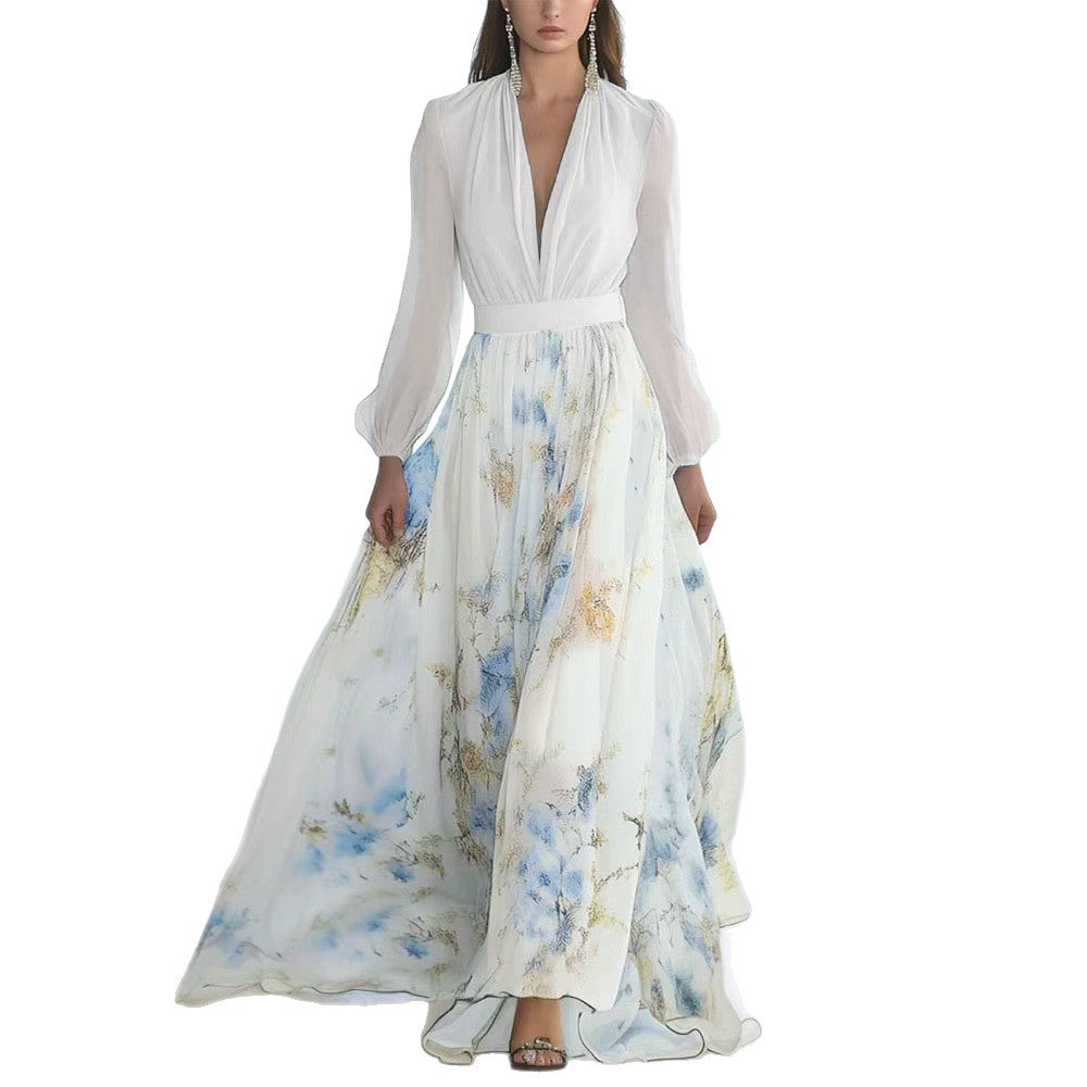 V-Neck Long Sleeve Print Maxi