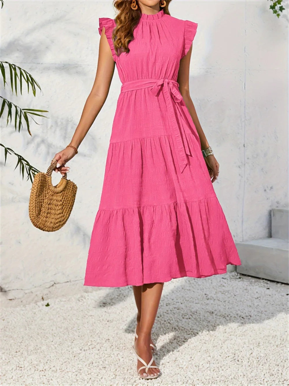 Mock-Neck Cap-Sleeve Midi Dress