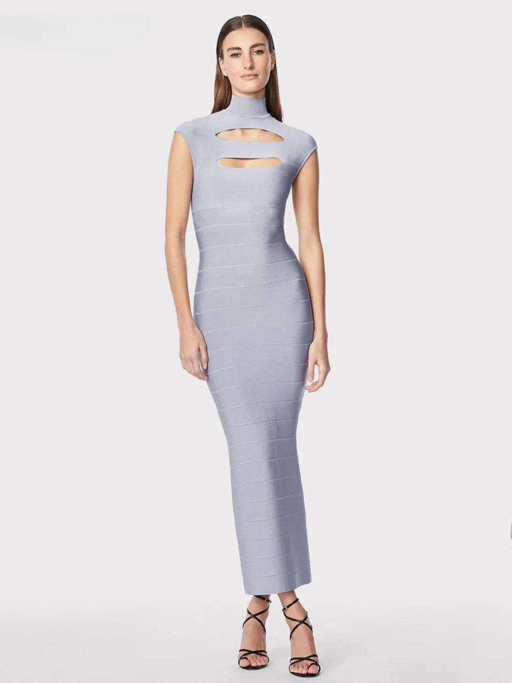 Grey Stand-Collar Cutout Bodycon Maxi