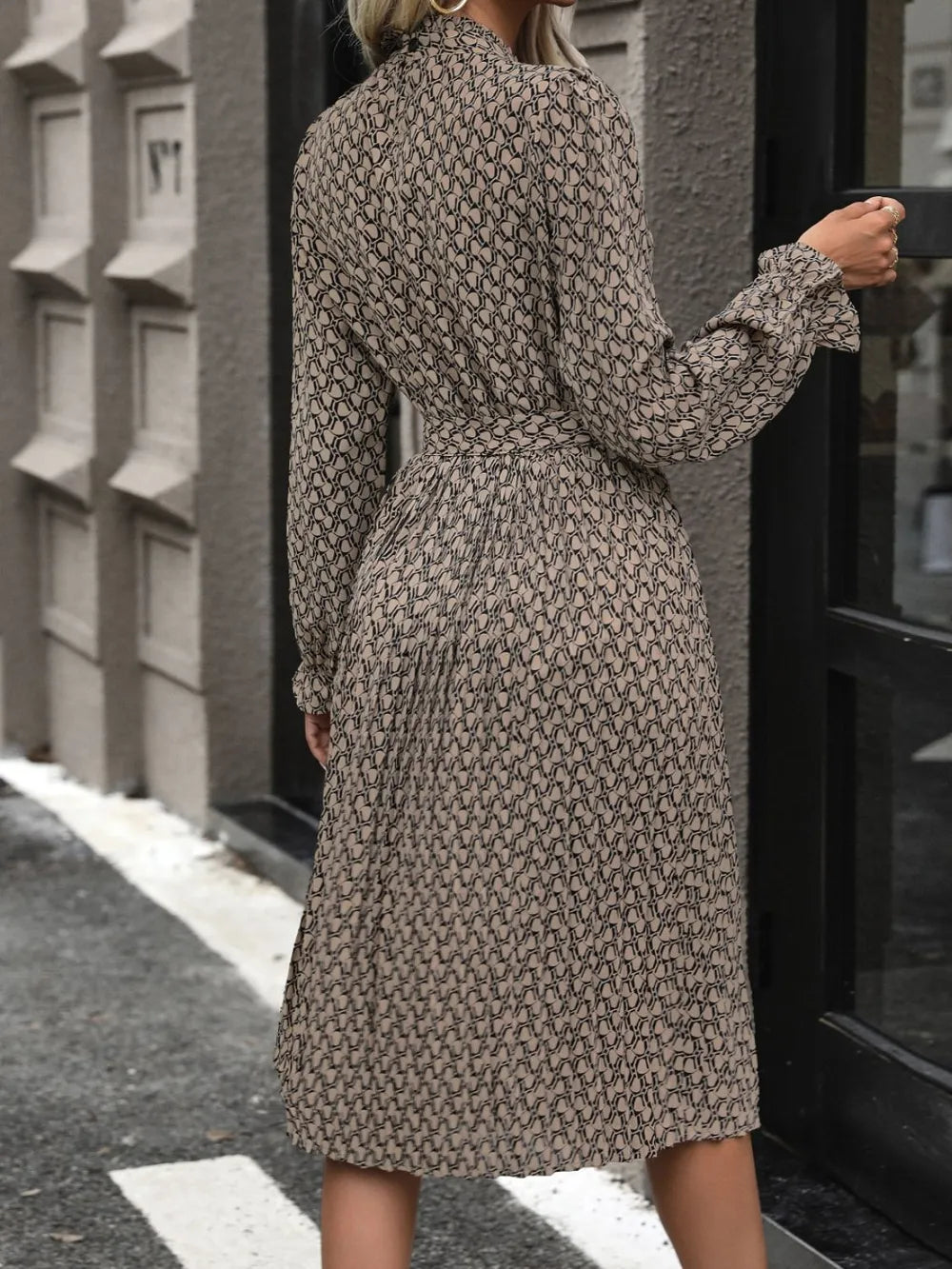 Printed Mock-Neck Flounce-Sleeve Mini Dress in Coffee