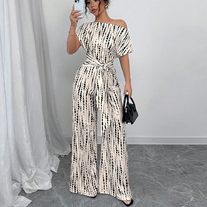 Striped Wide-Leg Jumpsuit with Sloped-Shoulder Straps