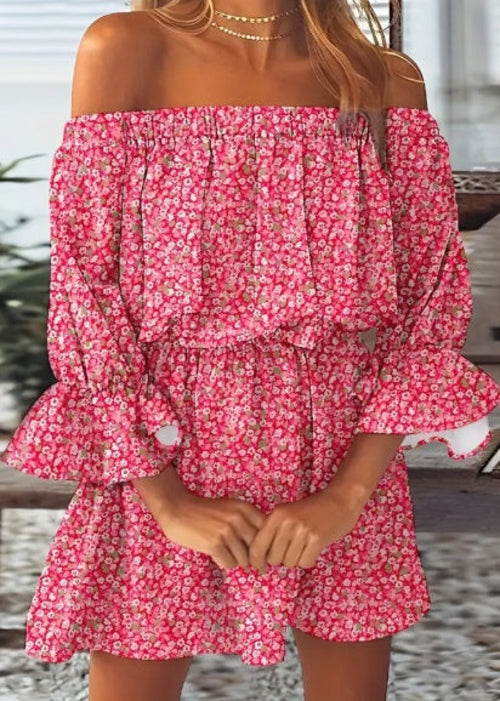 Off-Shoulder Ruffle Maxi Dress in Leaf Print