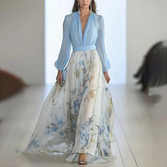 V-Neck Long Sleeve Print Maxi
