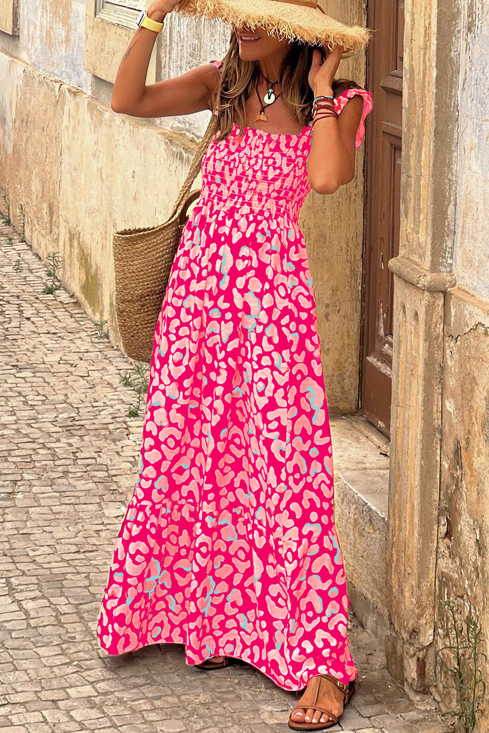 Pink Leopard Smocked Maxi Dress with Ruffle Straps