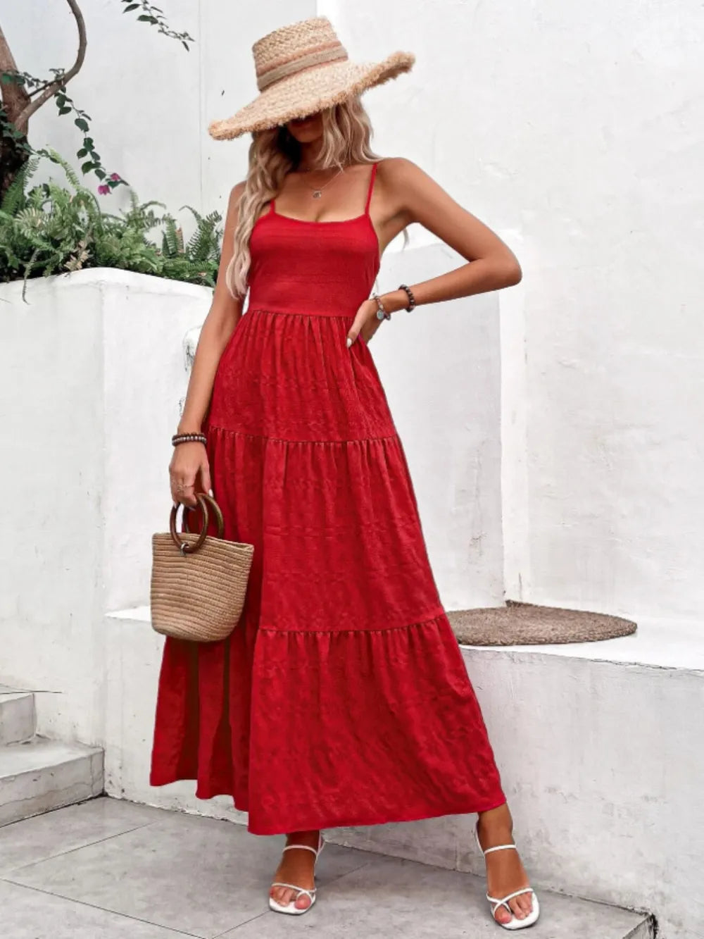 Bow-Back Tiered Cami Maxi Dress in Scarlet