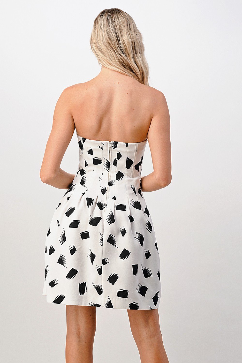 Strapless A-Line Mini Dress in Black-and-White Print