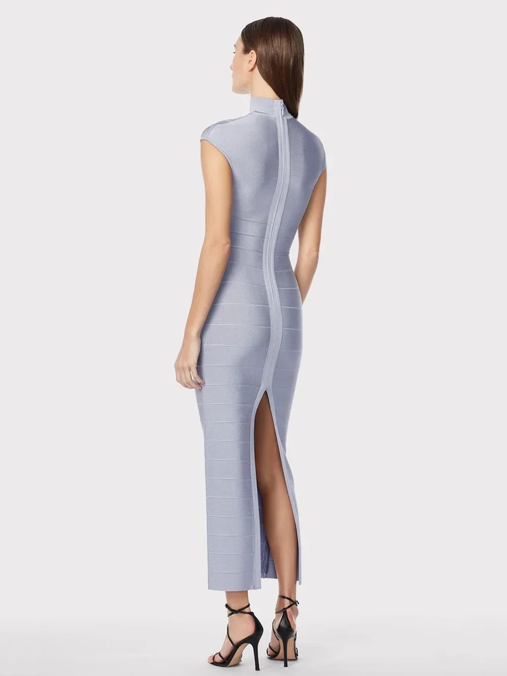 Grey Stand-Collar Cutout Bodycon Maxi
