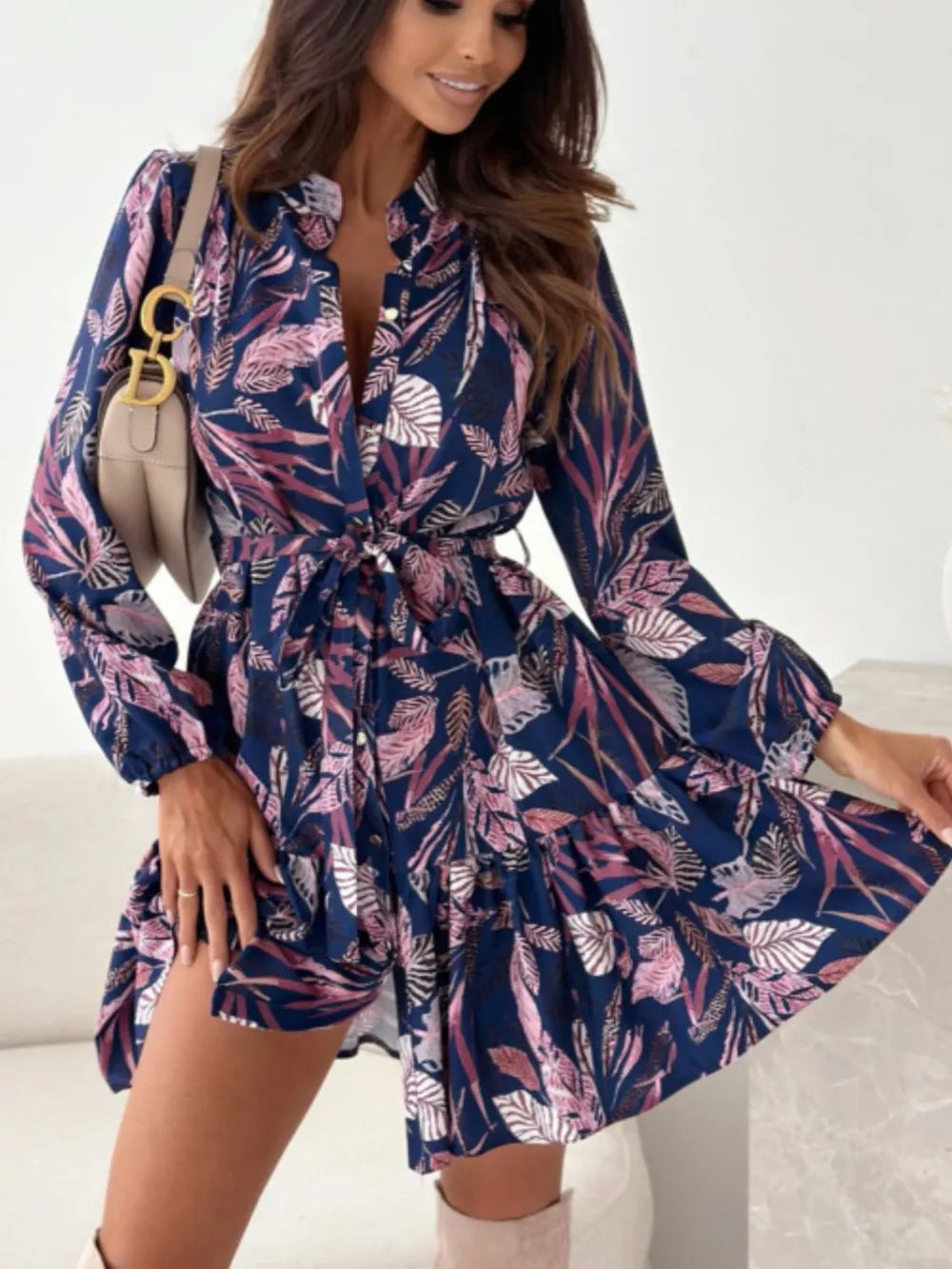 Floral Ruffle-Hem Long-Sleeve Midi Dress