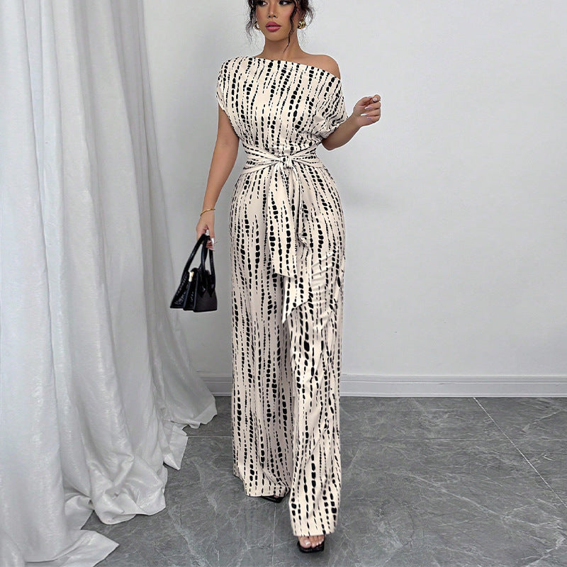 Striped Wide-Leg Jumpsuit with Sloped-Shoulder Straps