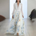 V-Neck Long Sleeve Print Maxi
