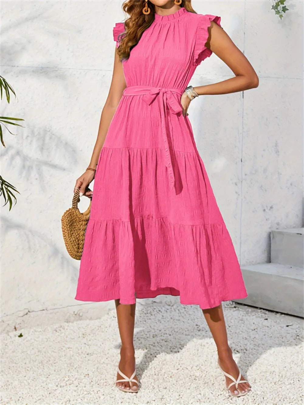 Mock-Neck Cap-Sleeve Midi Dress