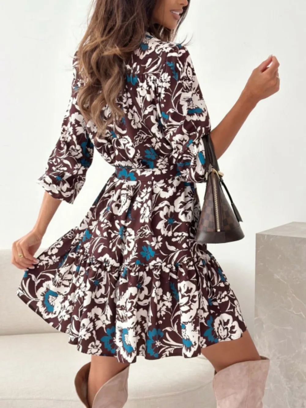 Floral Ruffle-Hem Long-Sleeve Midi Dress