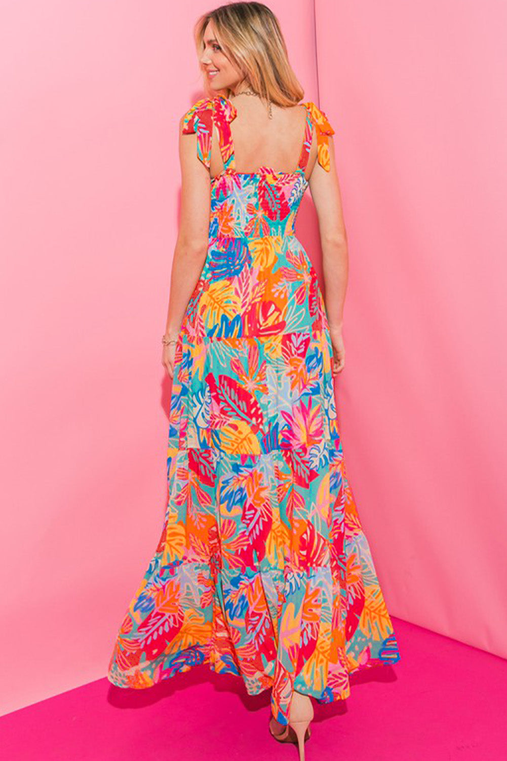 Tropical Print Smocked Tiered Maxi Dress
