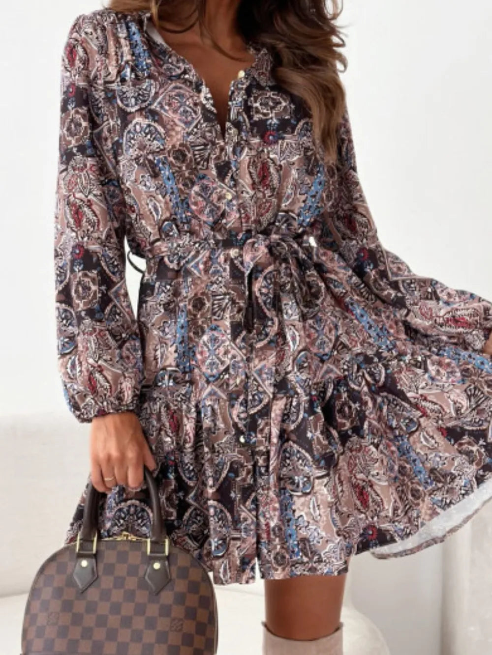 Floral Ruffle-Hem Long-Sleeve Midi Dress
