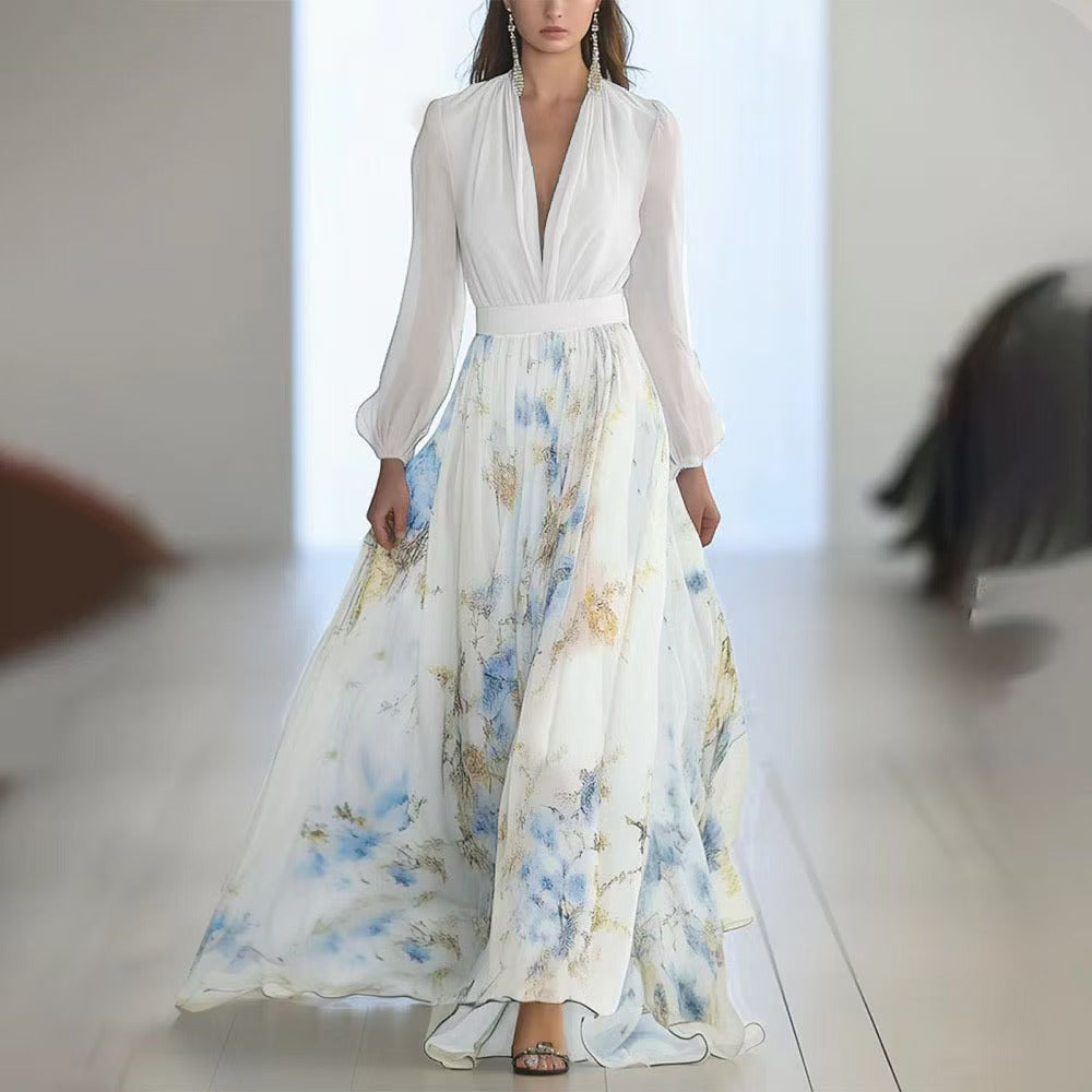 V-Neck Long Sleeve Print Maxi