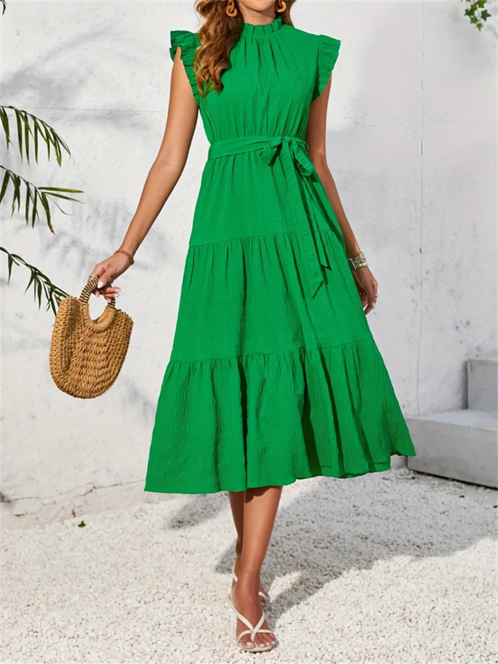 Mock-Neck Cap-Sleeve Midi Dress