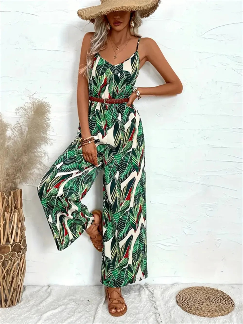 Tropical Print Wide-Leg Jumpsuit