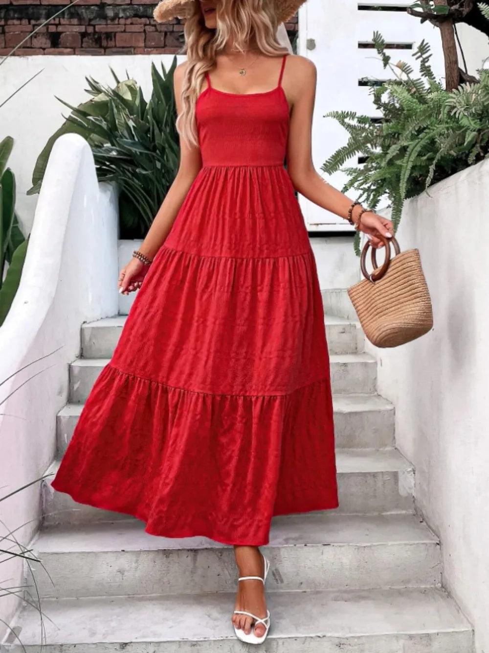 Bow-Back Tiered Cami Maxi Dress in Scarlet