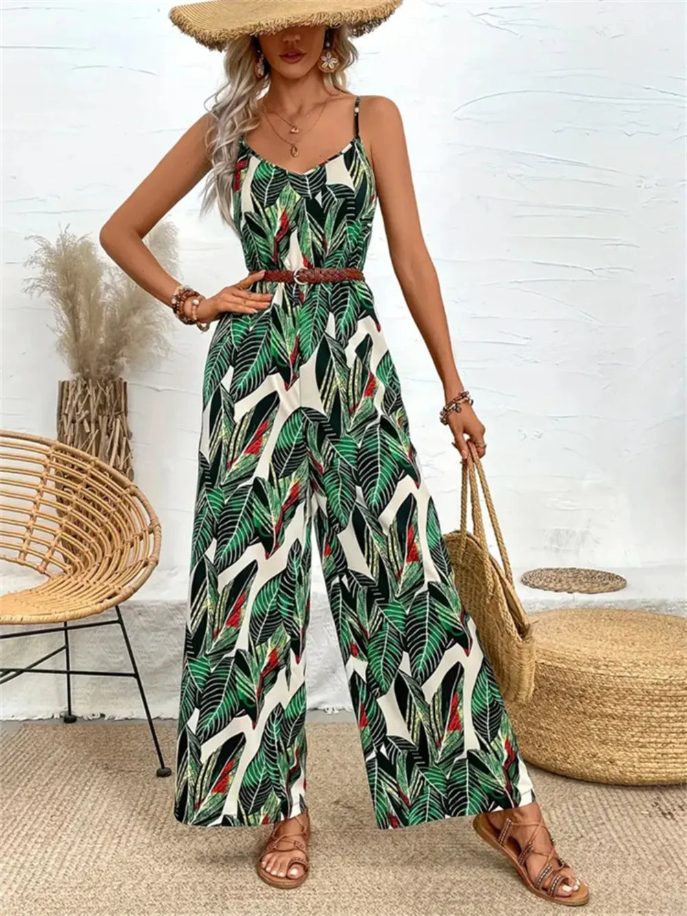 Tropical Print Wide-Leg Jumpsuit