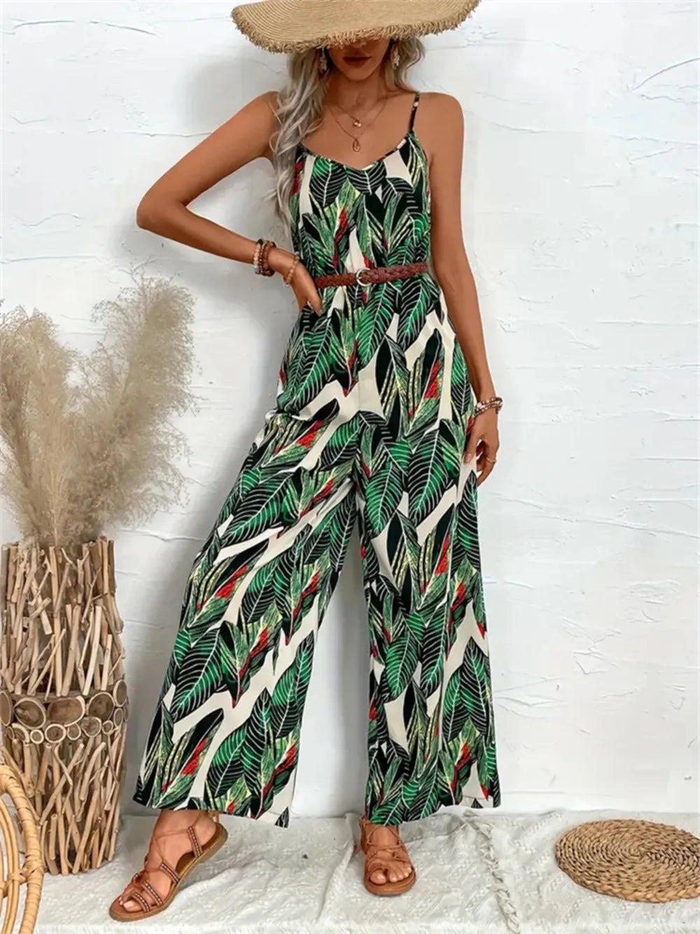 Tropical Print Wide-Leg Jumpsuit