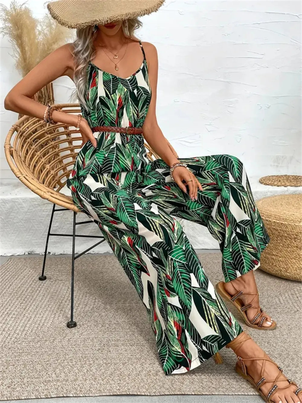 Tropical Print Wide-Leg Jumpsuit