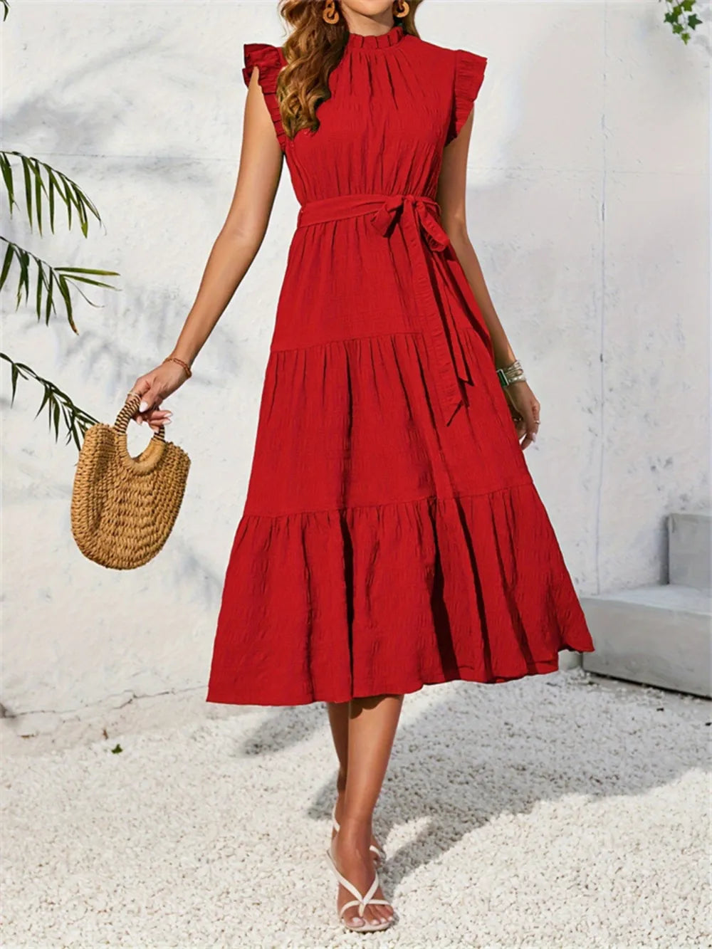 Mock-Neck Cap-Sleeve Midi Dress