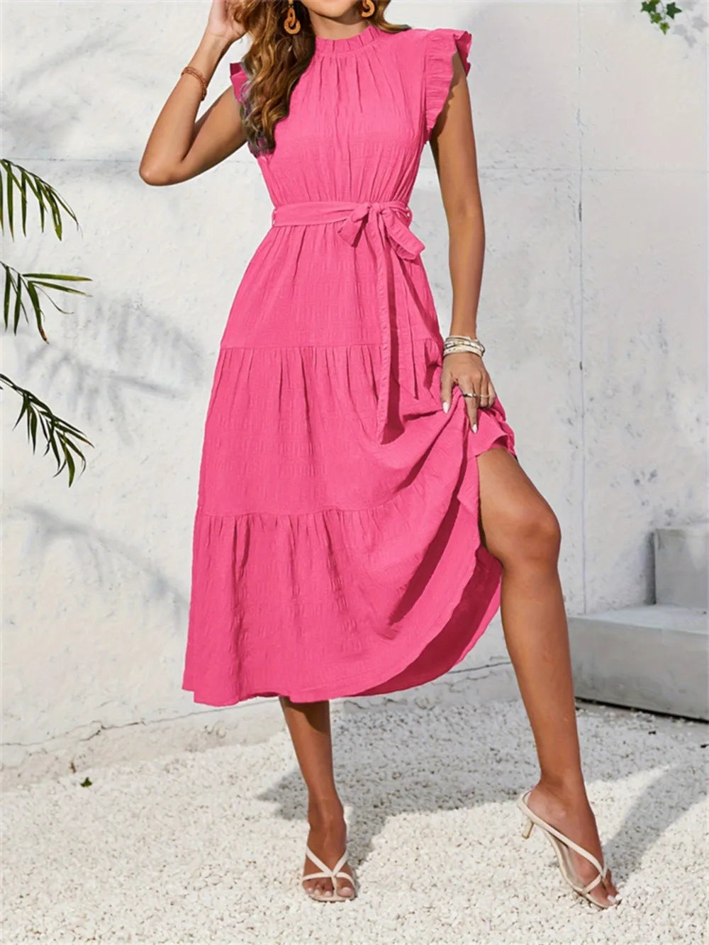 Mock-Neck Cap-Sleeve Midi Dress