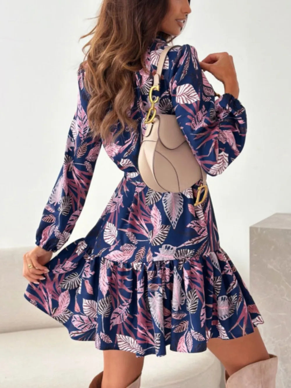Floral Ruffle-Hem Long-Sleeve Midi Dress