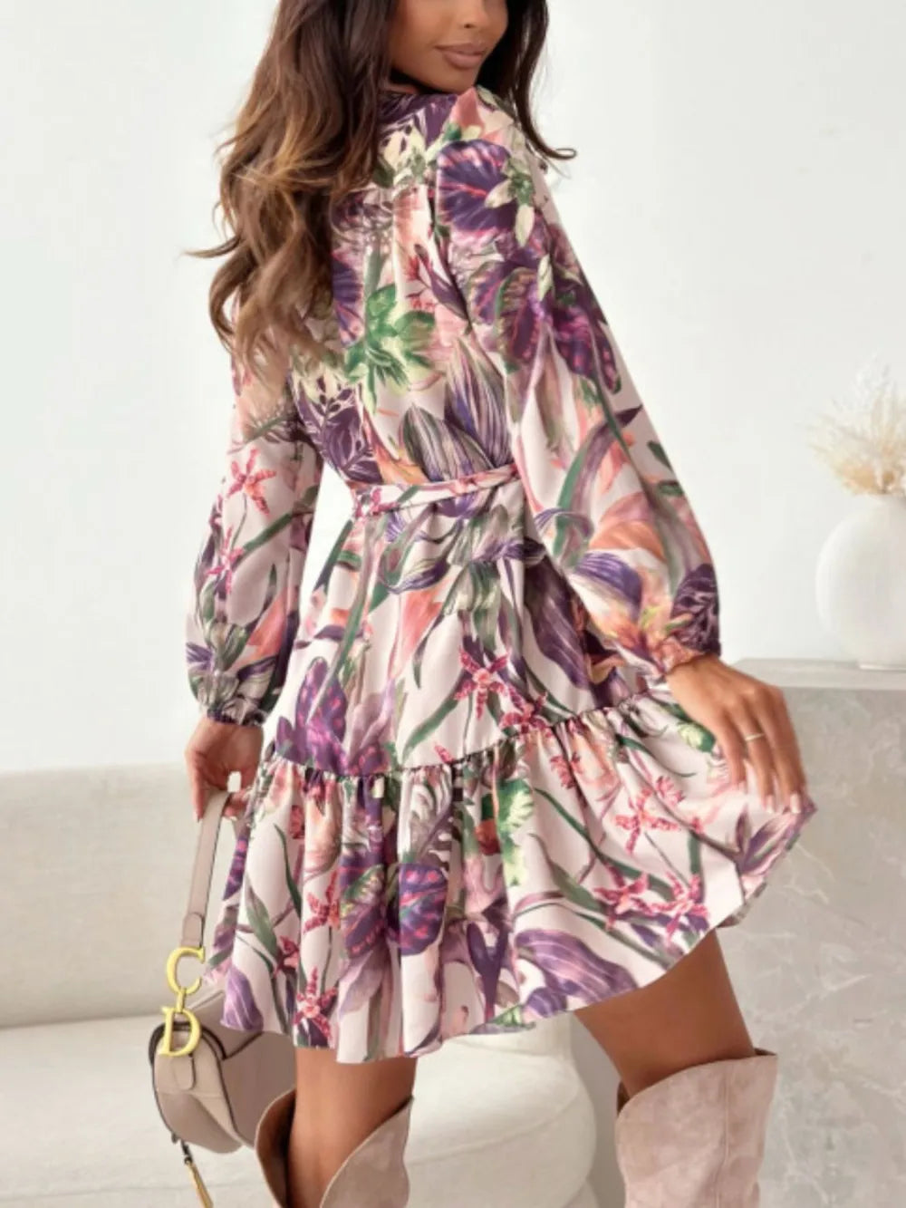 Floral Ruffle-Hem Long-Sleeve Midi Dress