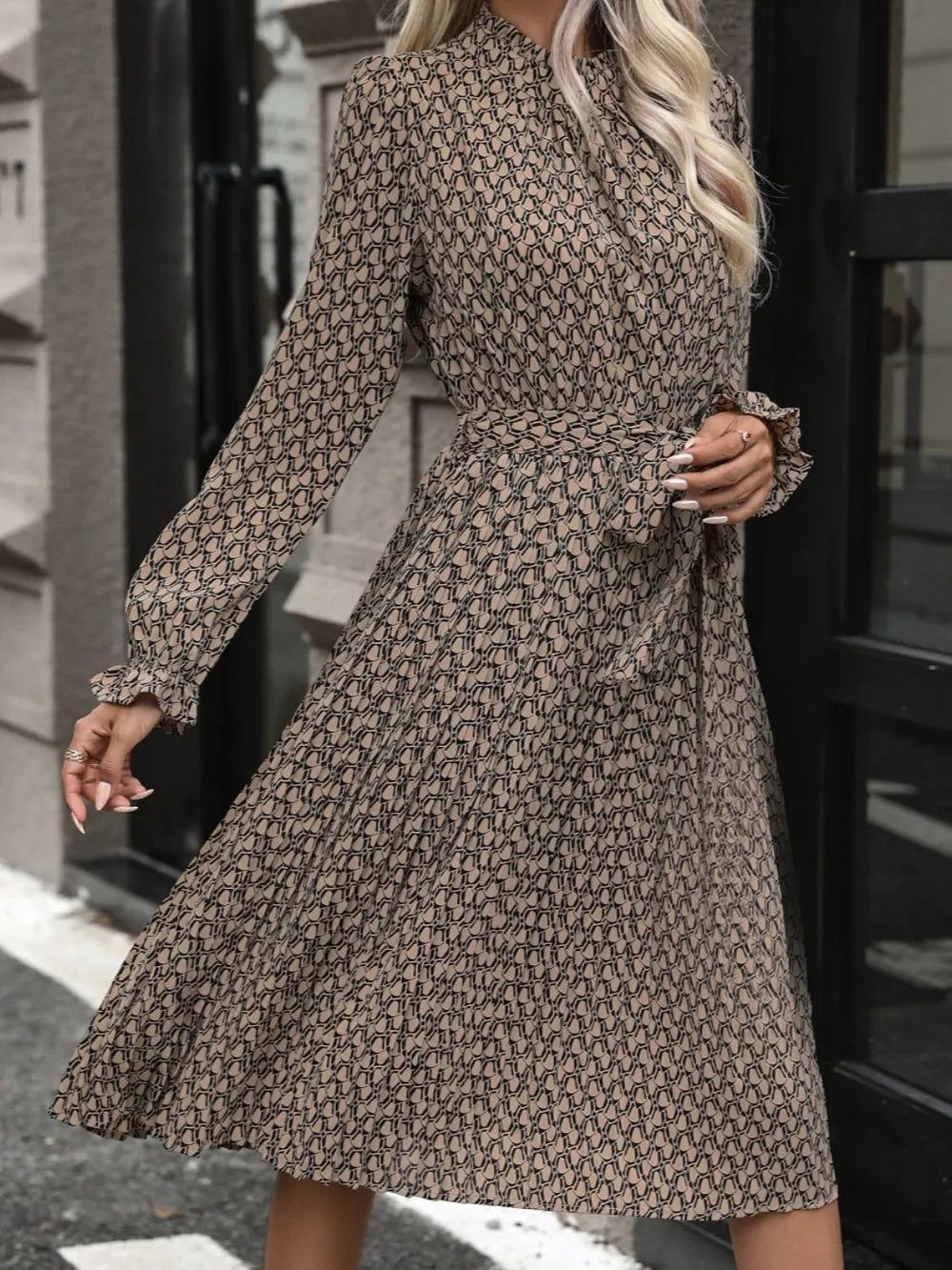 Printed Mock-Neck Flounce-Sleeve Mini Dress in Coffee