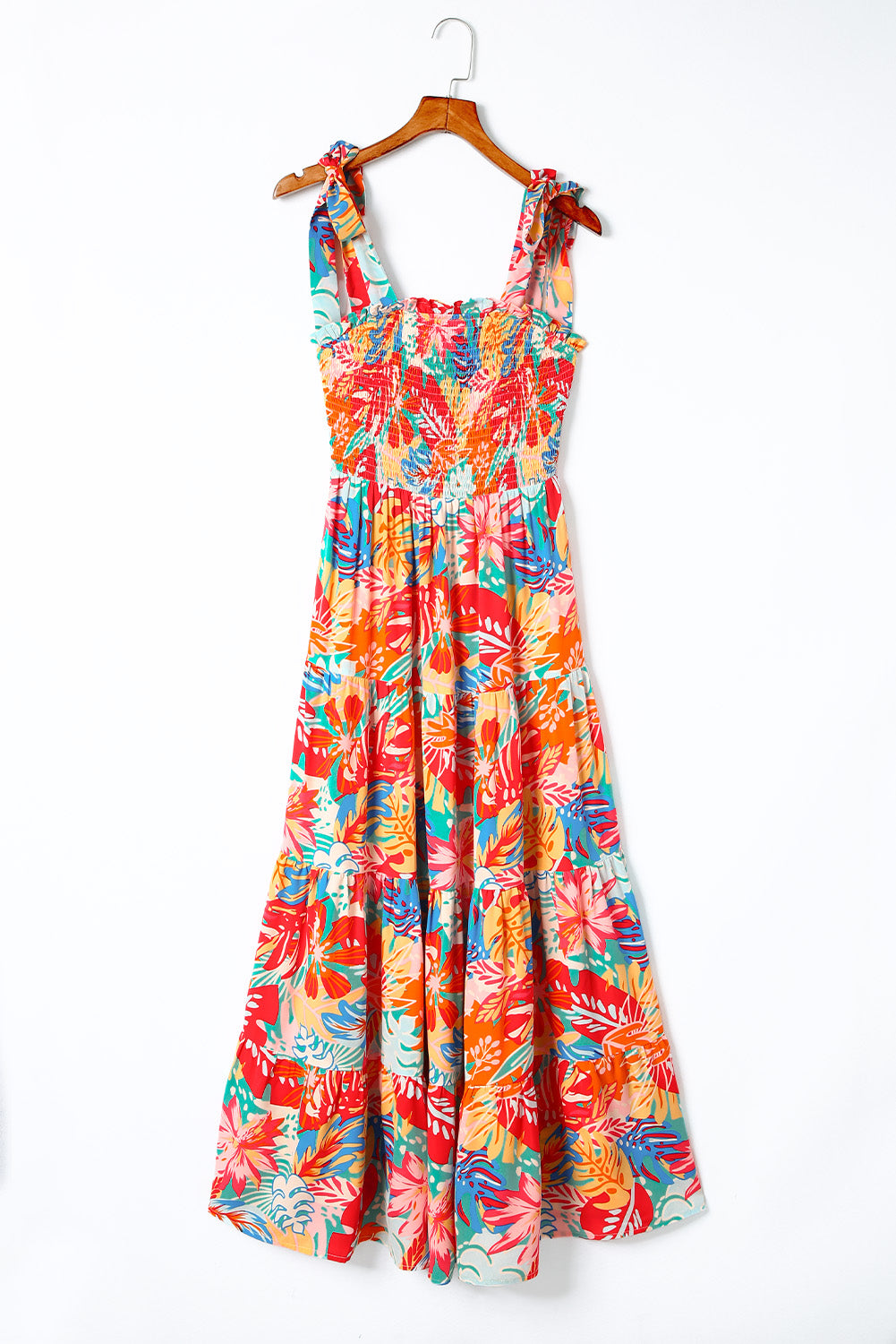 Tropical Print Smocked Tiered Maxi Dress
