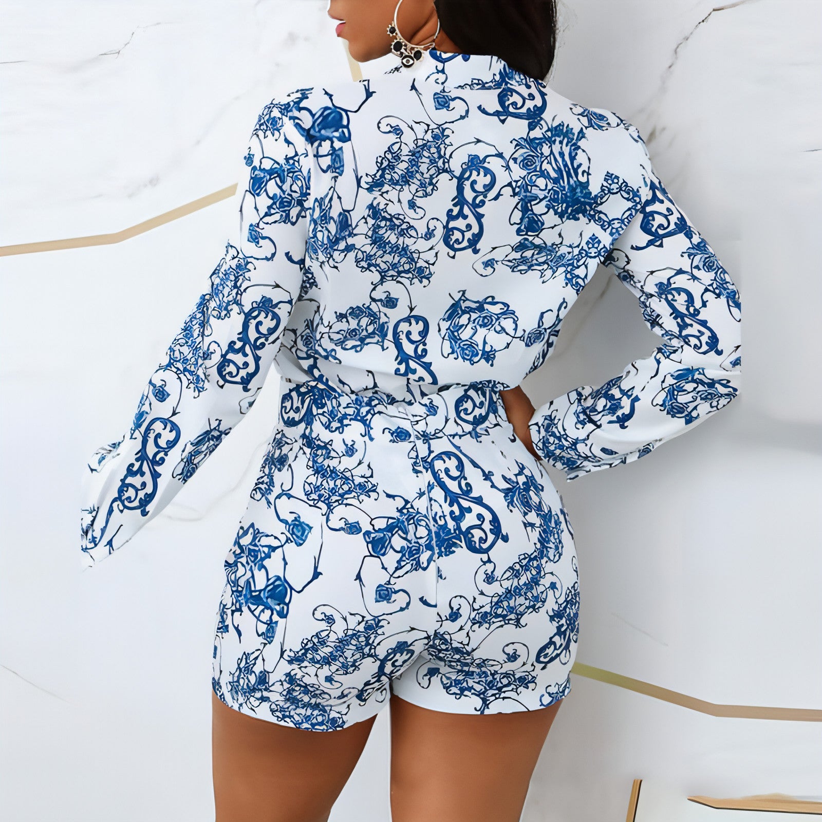Printed Long-Sleeve Wide-Leg Jumpsuit in Blue