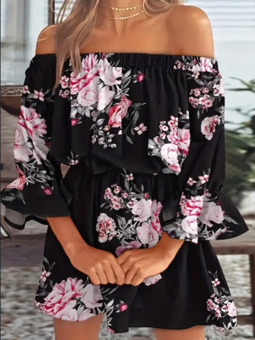 Off-Shoulder Ruffle Maxi Dress in Leaf Print