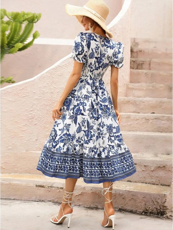 Short-Sleeve V-Neck Floral Maxi Dress