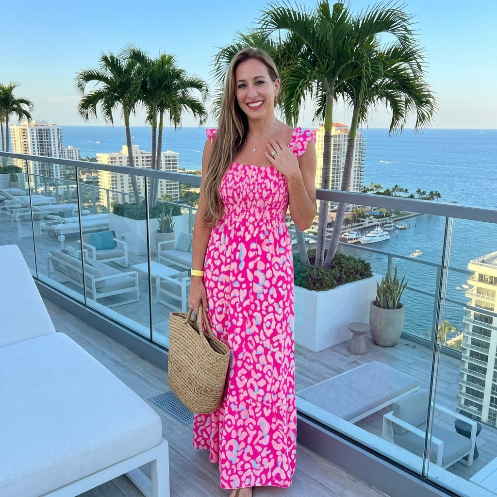 Pink Leopard Smocked Maxi Dress with Ruffle Straps