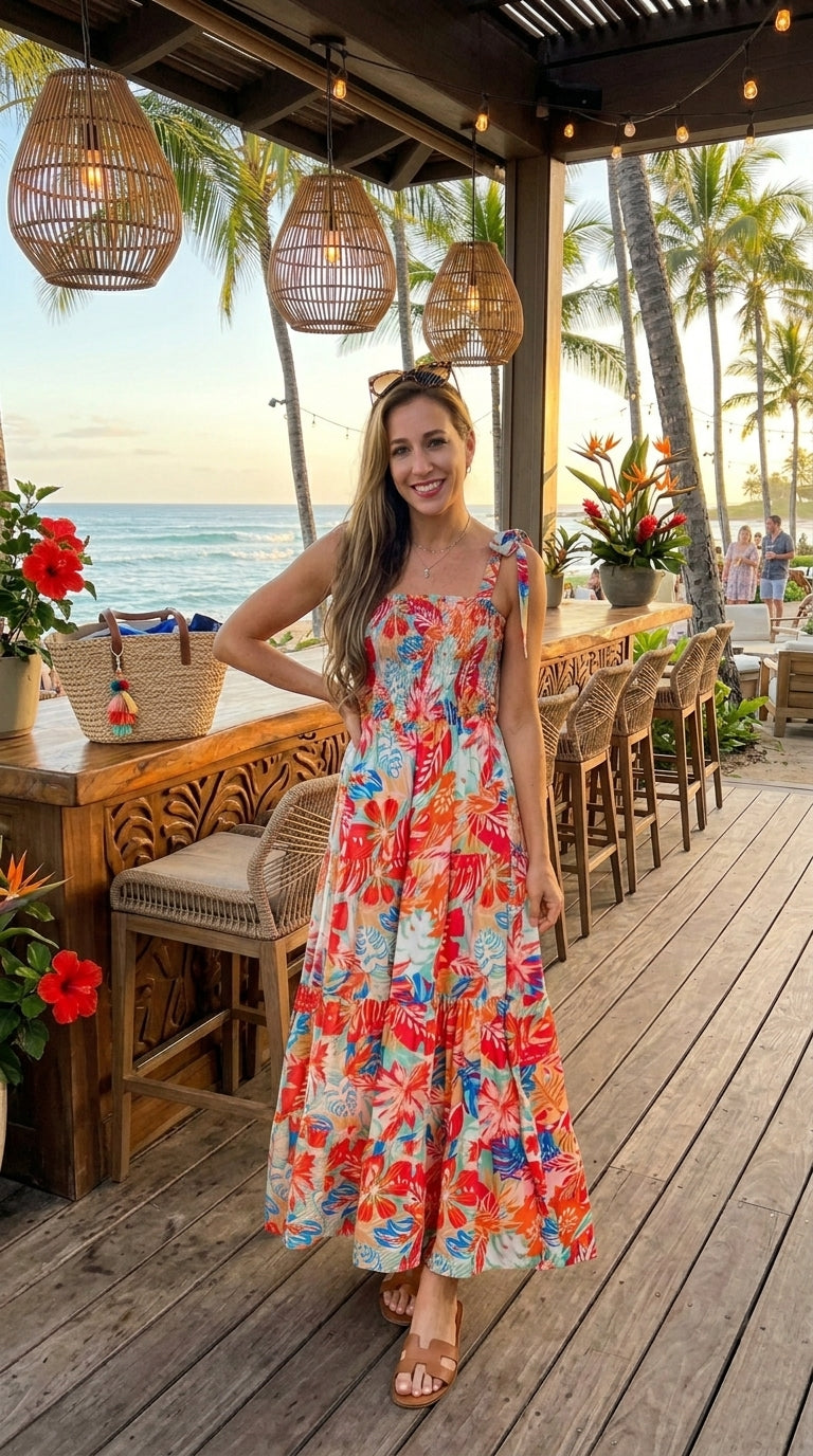 Tropical Print Smocked Tiered Maxi Dress