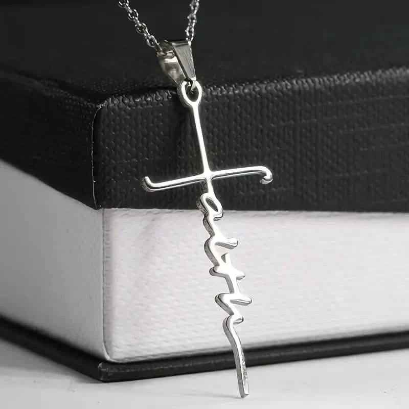Faith Script Cross Pendant Necklace – Stainless Steel